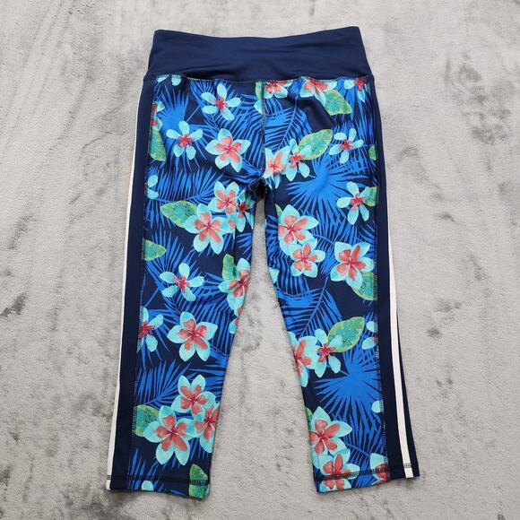 Athletic Works Leggings Womens M Blue Tropical Floral Crop Capri Workout Yoga - Picture 2 of 8
